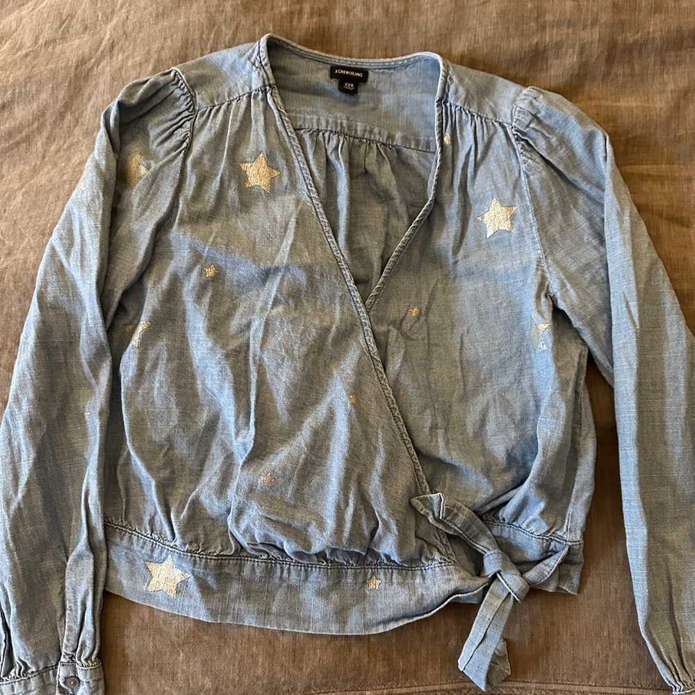 J. Crew Light Blue Wrap Blouse with Star Details
